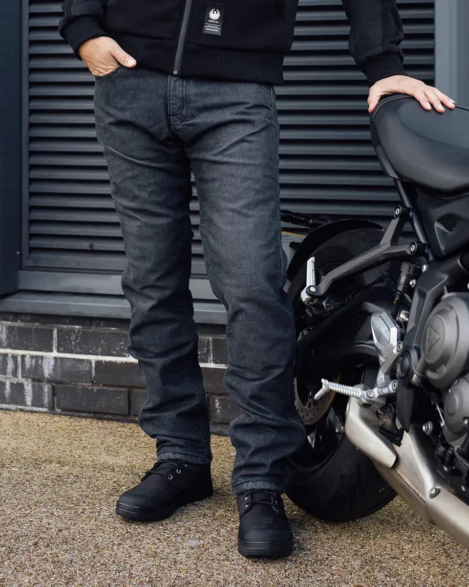 Merlin Mason 2 Waterproof Riding Jeans - Black worn by model outdoors with motorcycle
