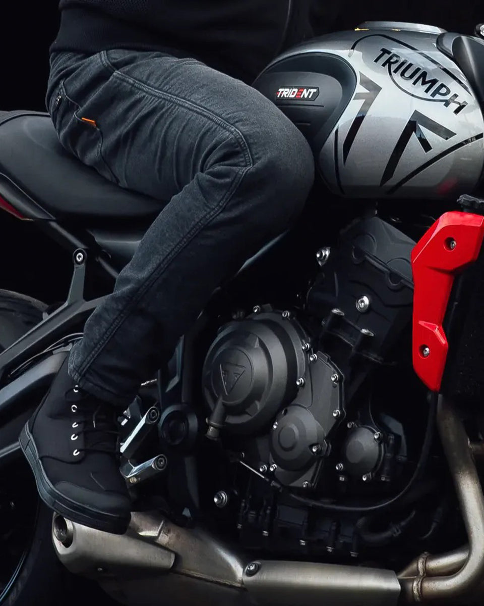 Merlin Mason 2 Waterproof Riding Jeans - Black worn by model outdoors on a  motorcycle