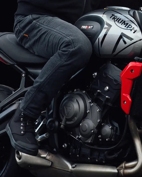 Merlin Mason 2 Waterproof Riding Jeans - Black worn by model outdoors on a  motorcycle