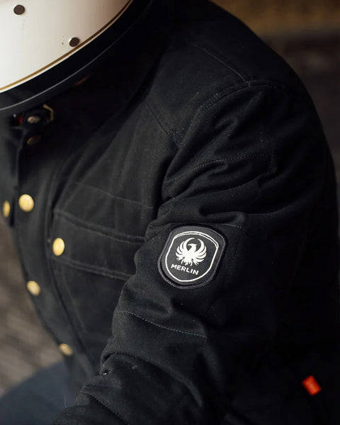 Merlin Codsall Riding Jacket - Black worn by model showing logo detail