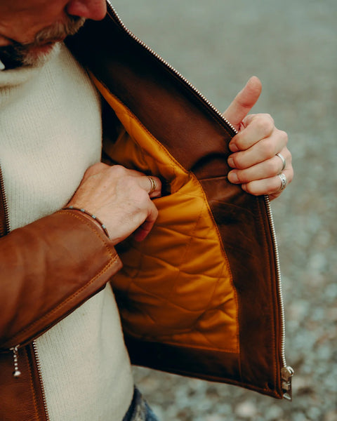 Goldtop 1958 Motorcycle Jacket brown detail worn by model