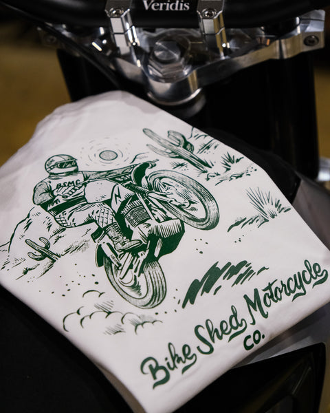 Bike Shed Desert Race T-Shirt Green Motorcycle Print Graphic on a White Cotton T-Shirt.