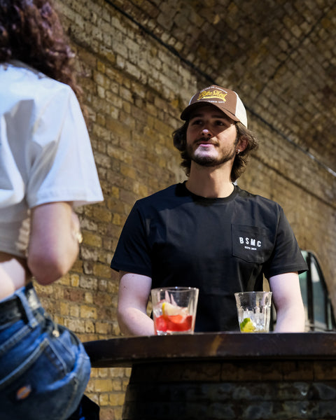 BSMC Stamp Cap Old St - Brown worn by model at thee Bike Shed London