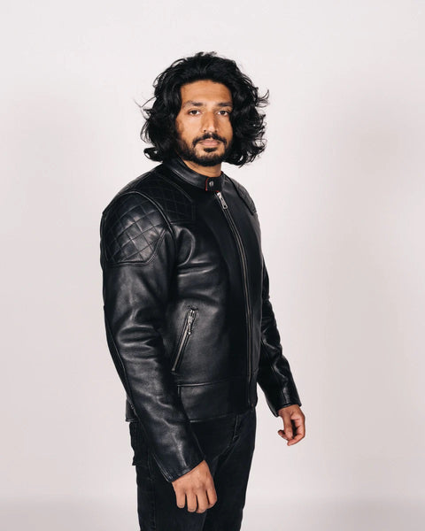 Goldtop 76 cafe racer Leather Motorcycle Jacket black worn by model