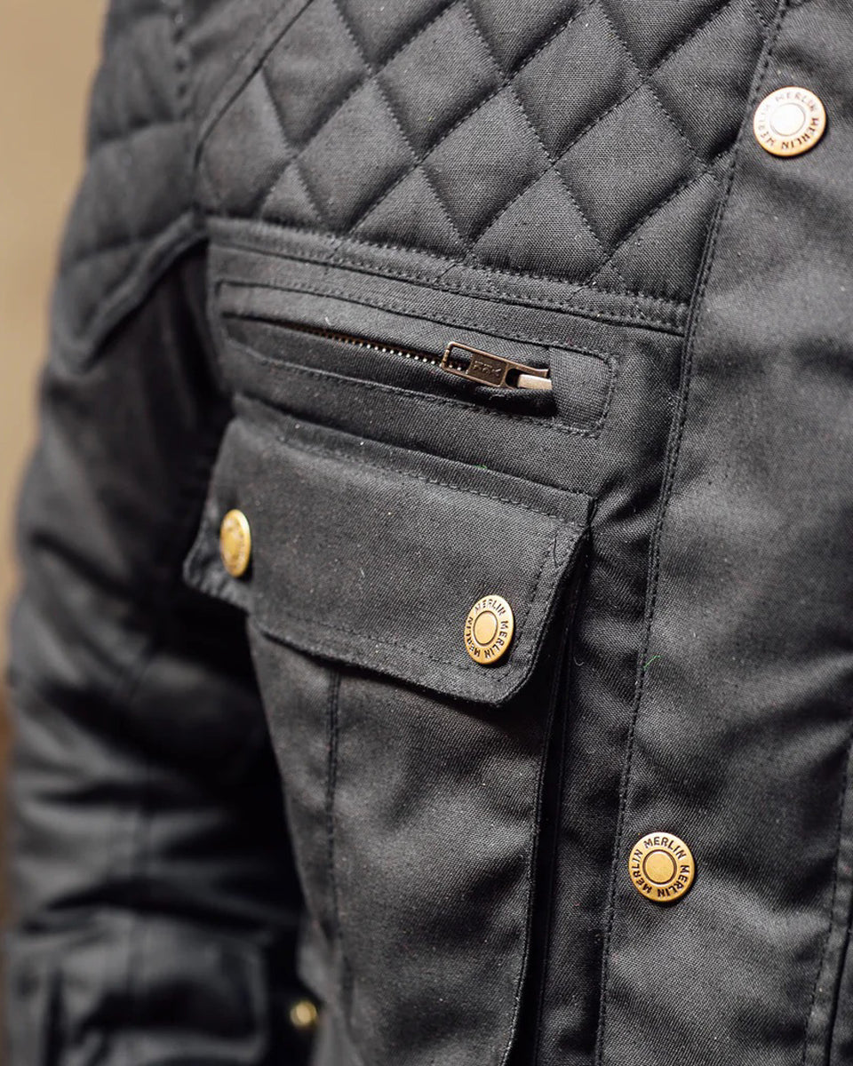 Merlin Edale II Waxed D3O Jacket - Black worn by model outdoors showing detail