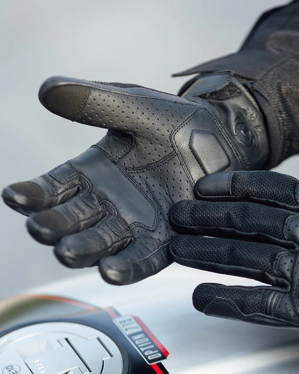 Merlin Griffin Leather Gloves - Black worn by model showing detail