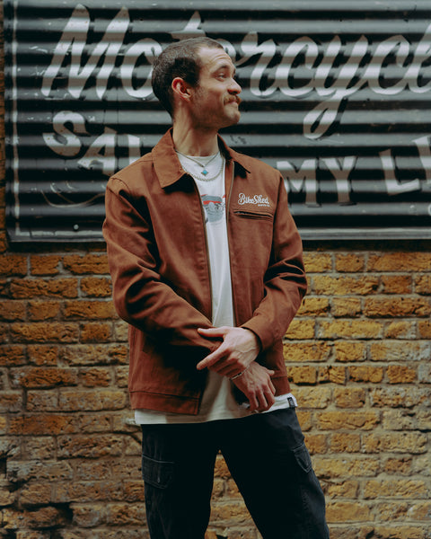 Model wearing Brown Twill Motorcycle jacket