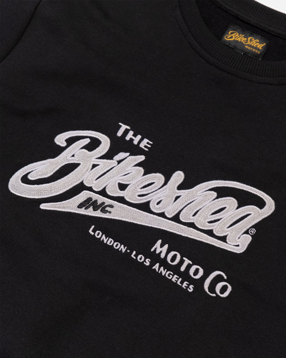 Bike Shed Inc Applique Sweat Black Studio Image Logo Close Up