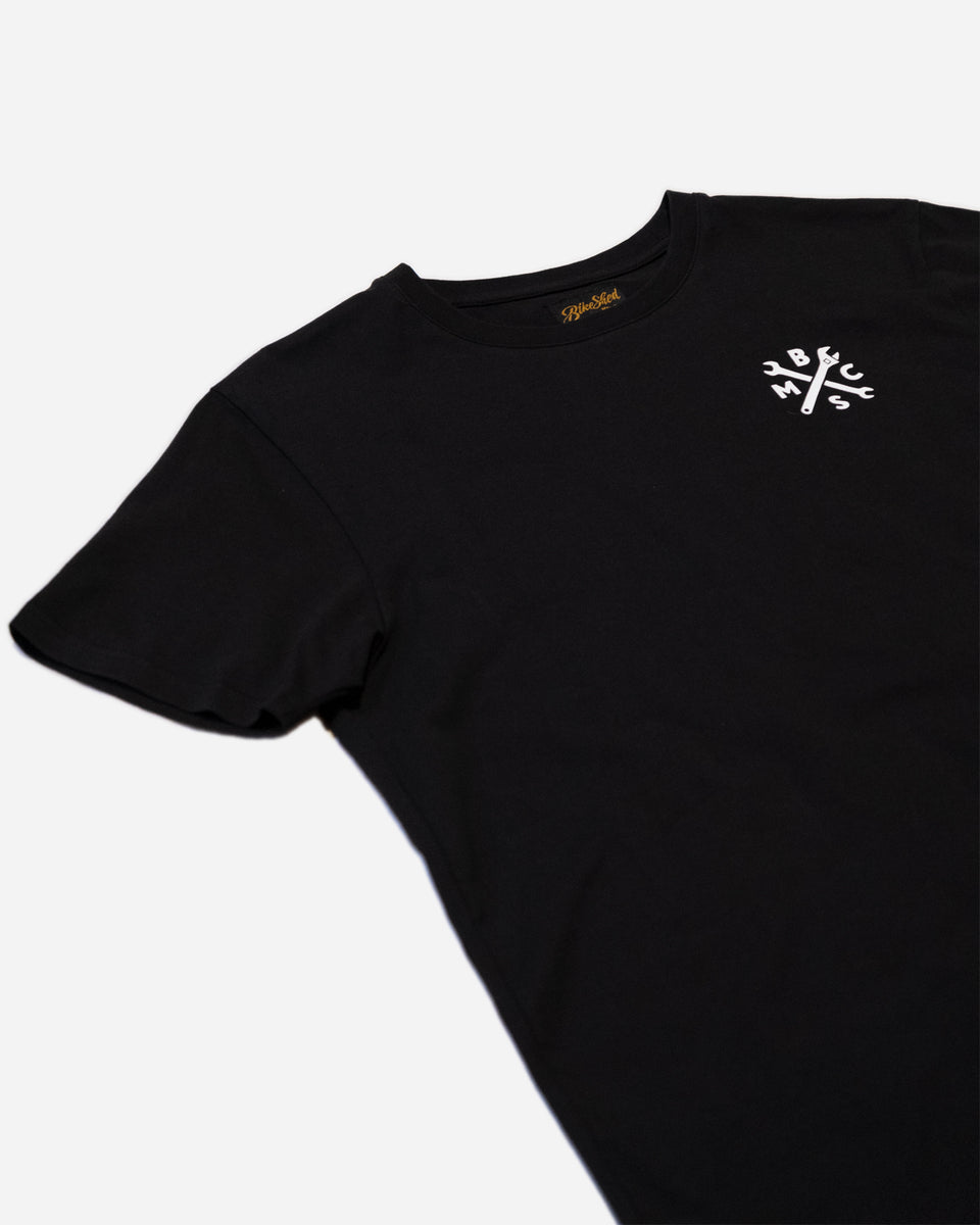 Bike Shed Roundel T-Shirt Washed Black Studio Image Front Side