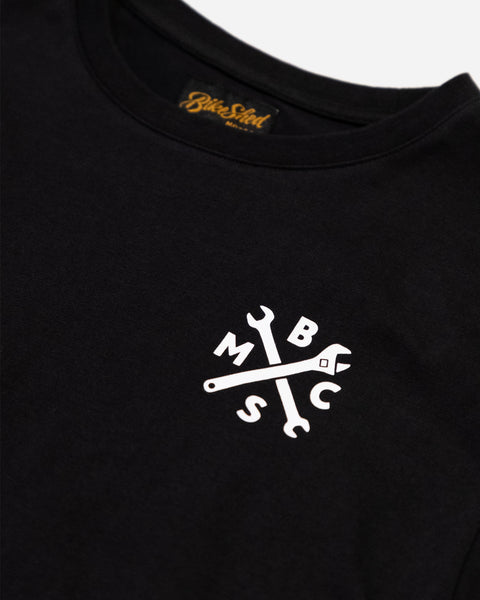 Bike Shed Roundel T-Shirt Washed Black Studio Image Chest Close Up