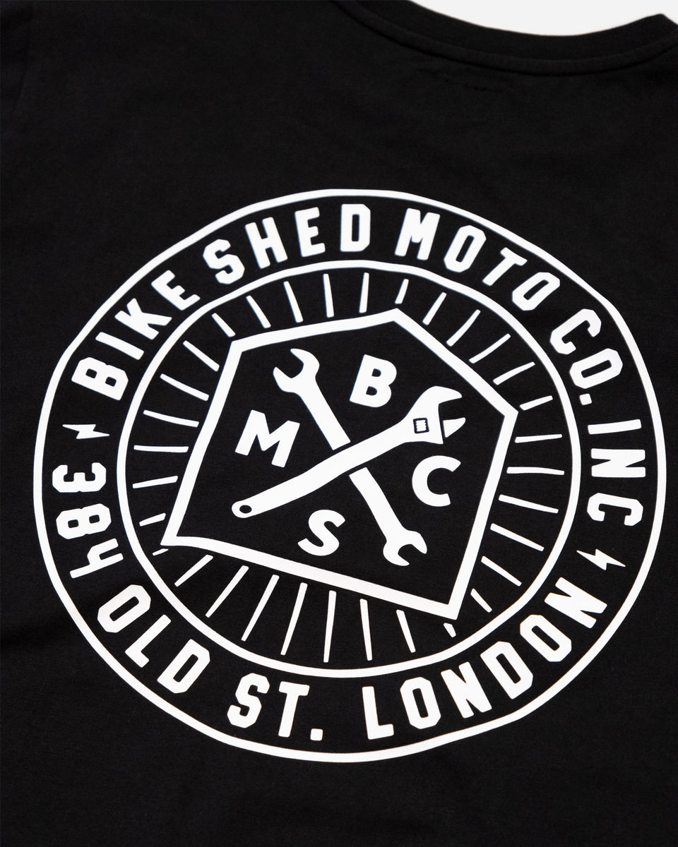 Bike Shed Roundel T-Shirt Washed Black Studio Image Back Close Up