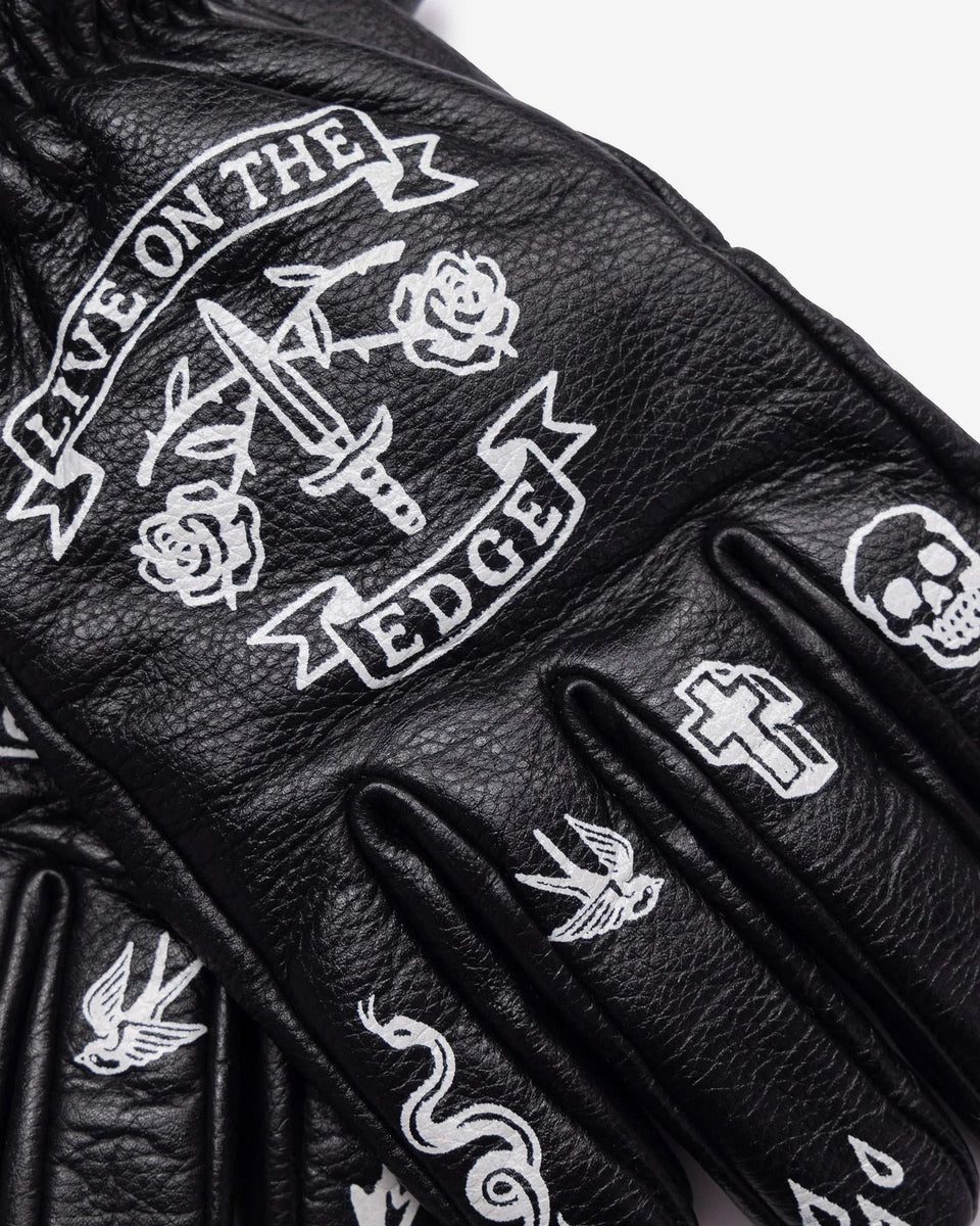 Macleod Memento Mori Leather Gloves - Black studio image on white background showing detail
