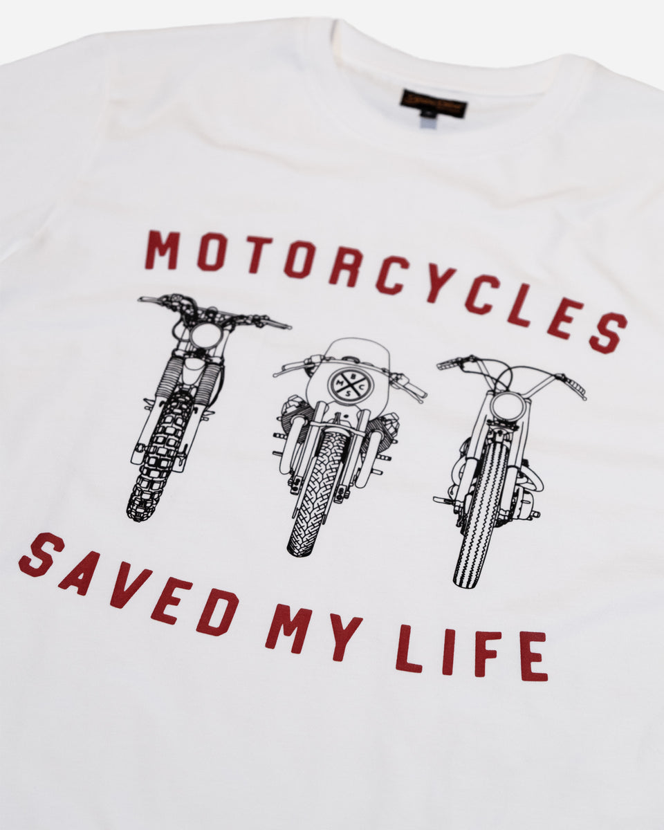 BSMC Motorcycles Saved My Life T-Shirt - White studio image chest print close up
