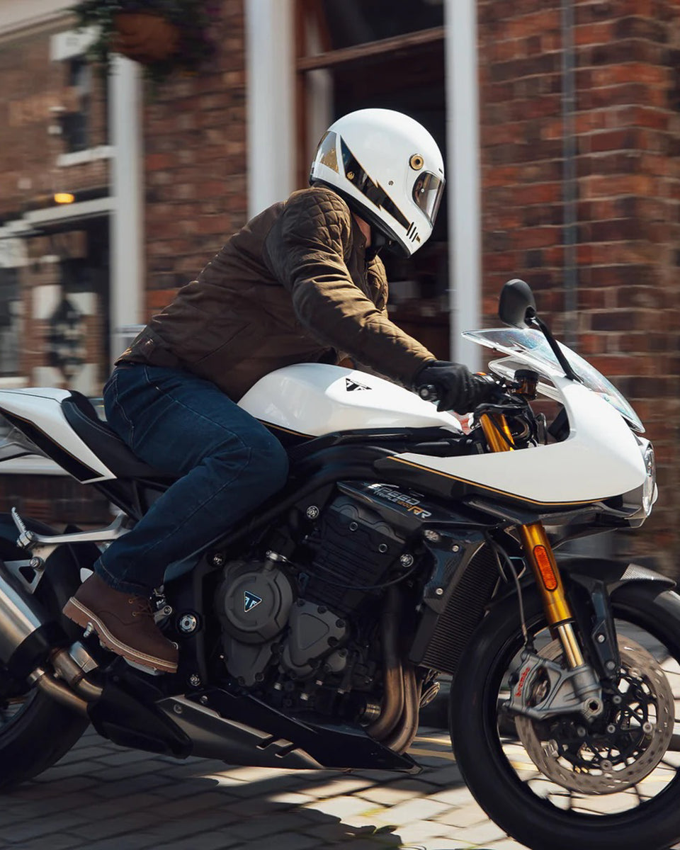 Merlin Shenstone Cotec II Air Jacket - Olive worn by model on motorcycle 