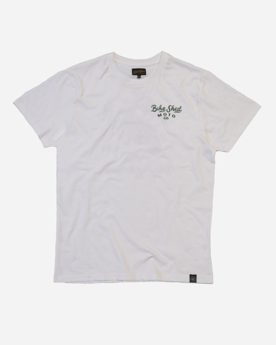 White t-shirt with dark green Bike Shed Moto Co logo text on a white background