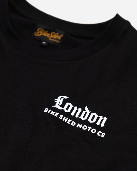 Bike Shed Olde London T-Shirt Black Studio Image Front Close Up