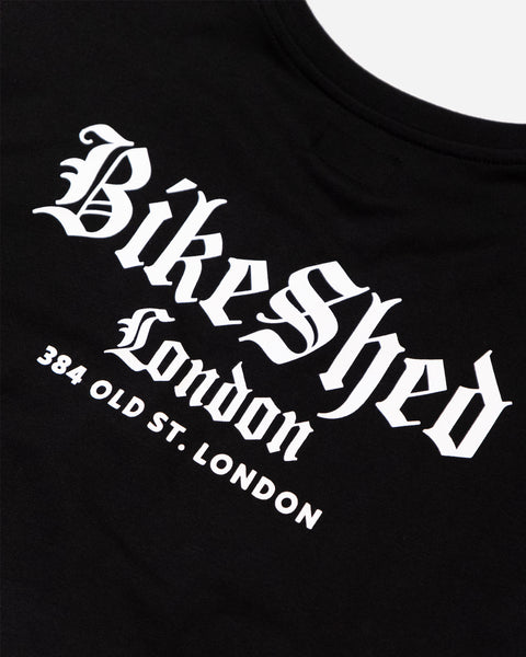 Bike Shed Olde London T-Shirt Black Studio Image Back Close Up