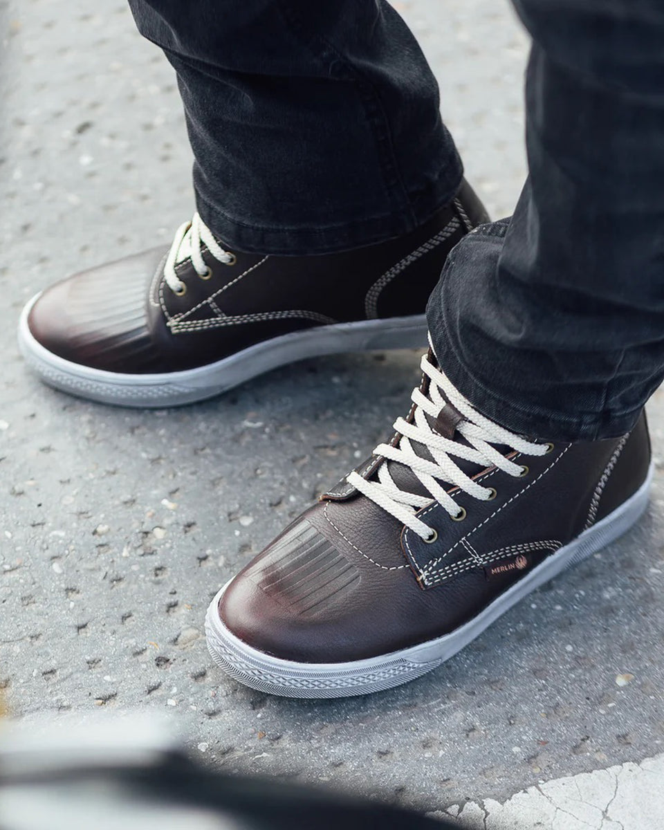 Merlin Stretton D3O Boots - Brown worn by model outdoors