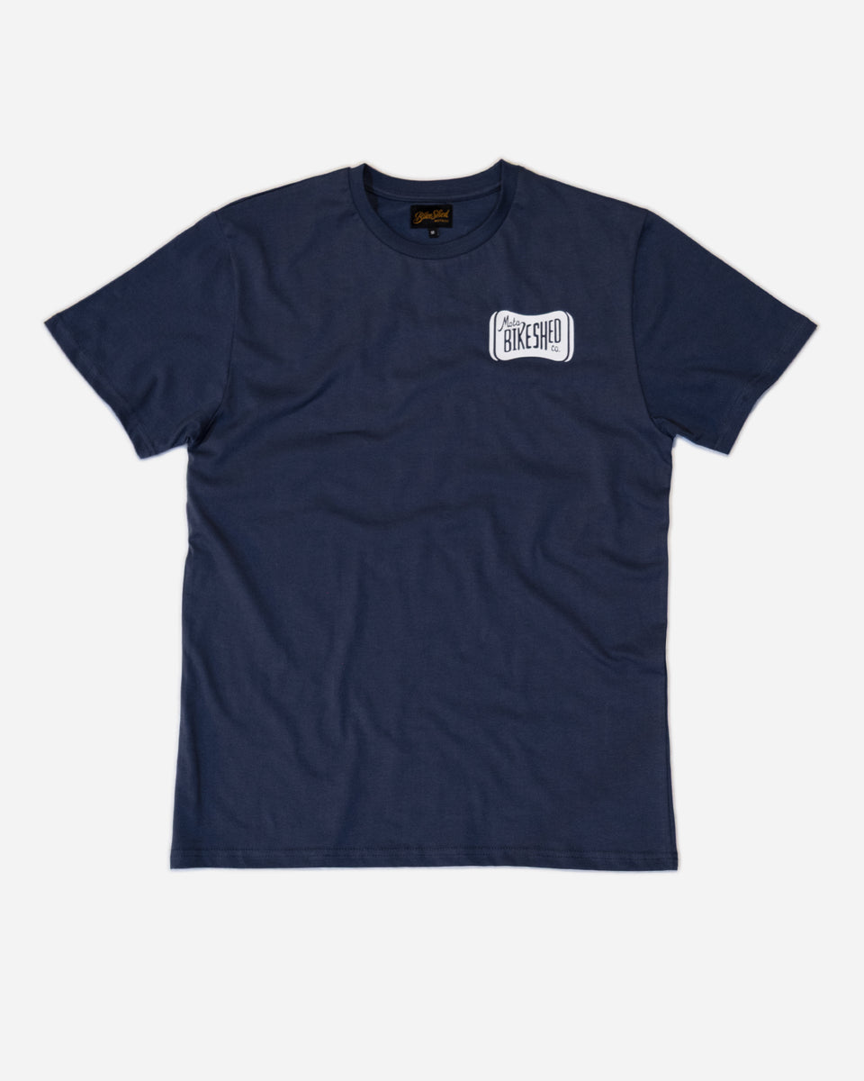 Navy blue t-shirt with 'Moto Bikeshed co'  logo - Front