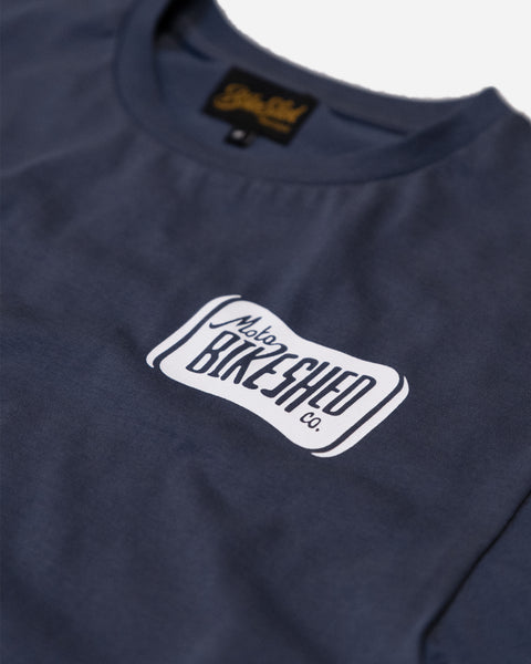 Navy blue t-shirt with 'Moto Bikeshed co'  logo - front detail