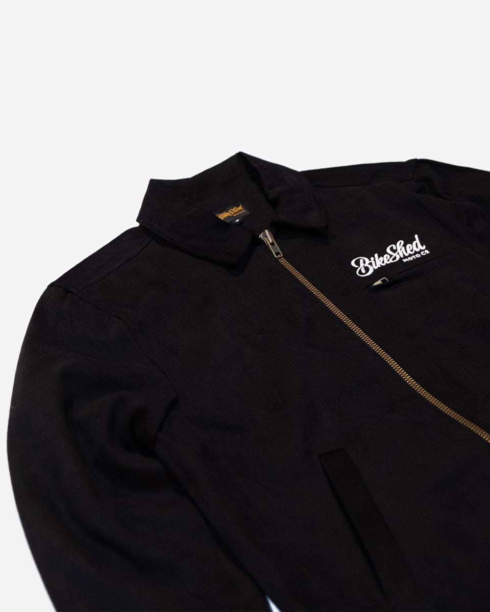 black twill motorcycle jacket detail
