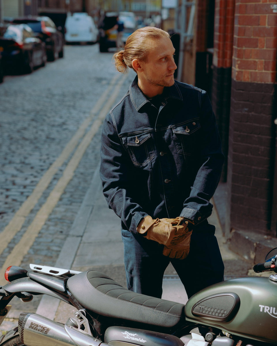 Model wearing BSMC Motorcycle Denim Jacket - Cordura Indigo