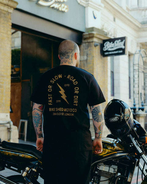 Model wearing black Motorcycle London Lightning T-Shirt - back
