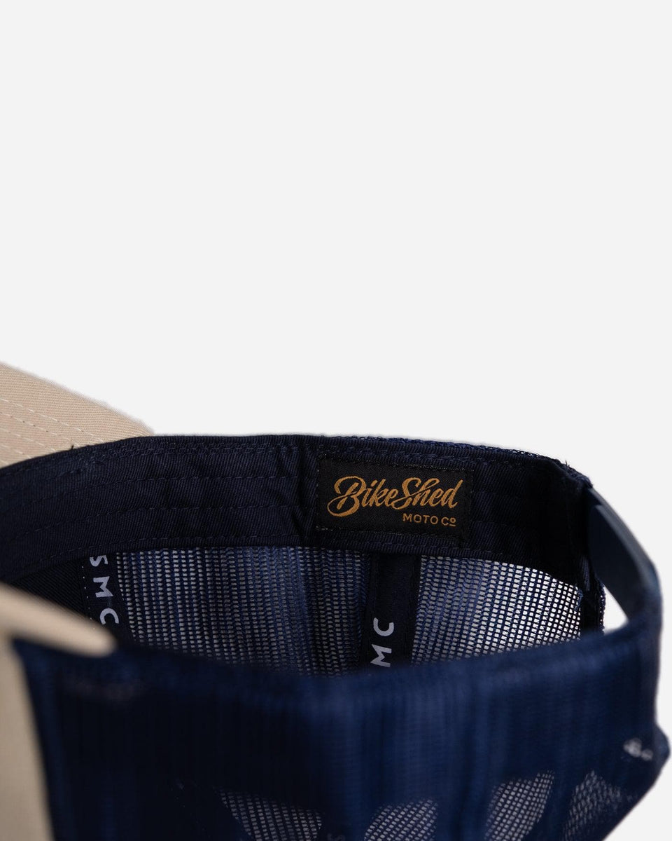 BSMC Embroidered Patch Motorcycle Cap - Cream & Blue