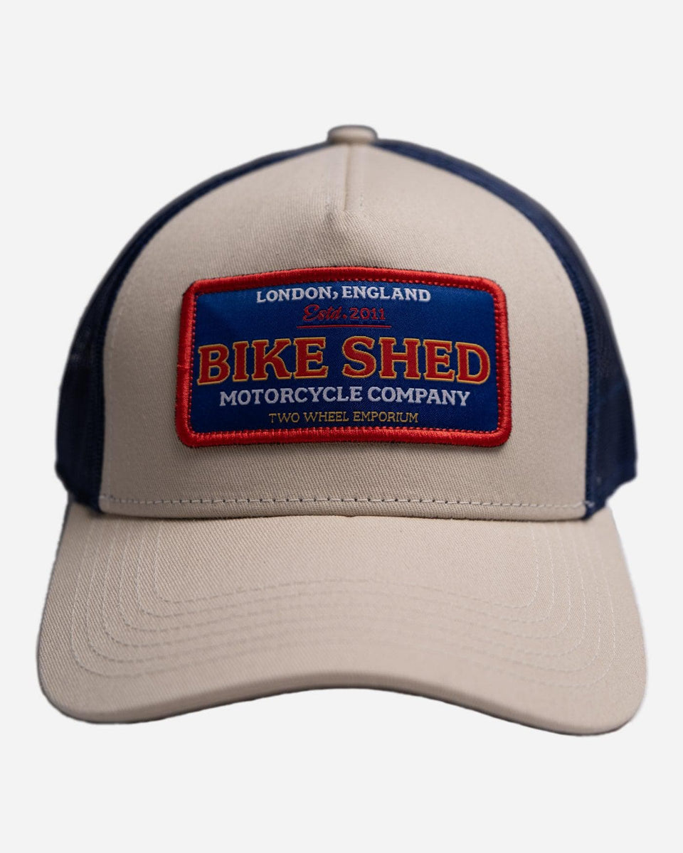 BSMC Embroidered Patch Motorcycle Cap - Cream & Blue