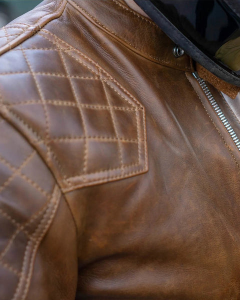 Goldtop 76 Cafe Racer Jacket - Waxed Brown worn by model showing shoulder close up