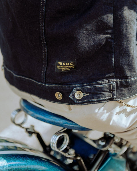 BSMC Motorcycle Denim Jacket - Cordura Indigo - back logo detail